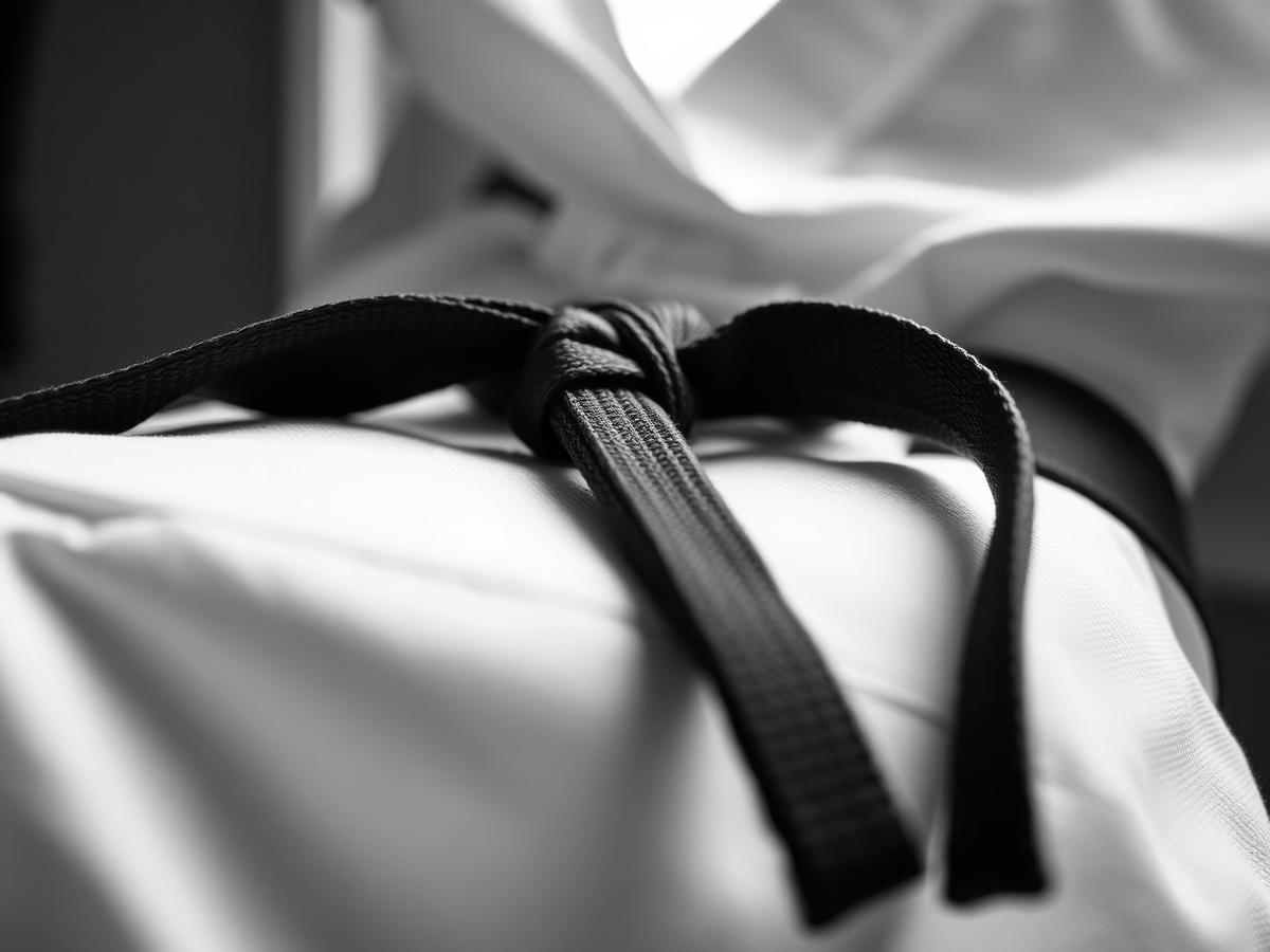 A knotted black judo belt on a white judogi