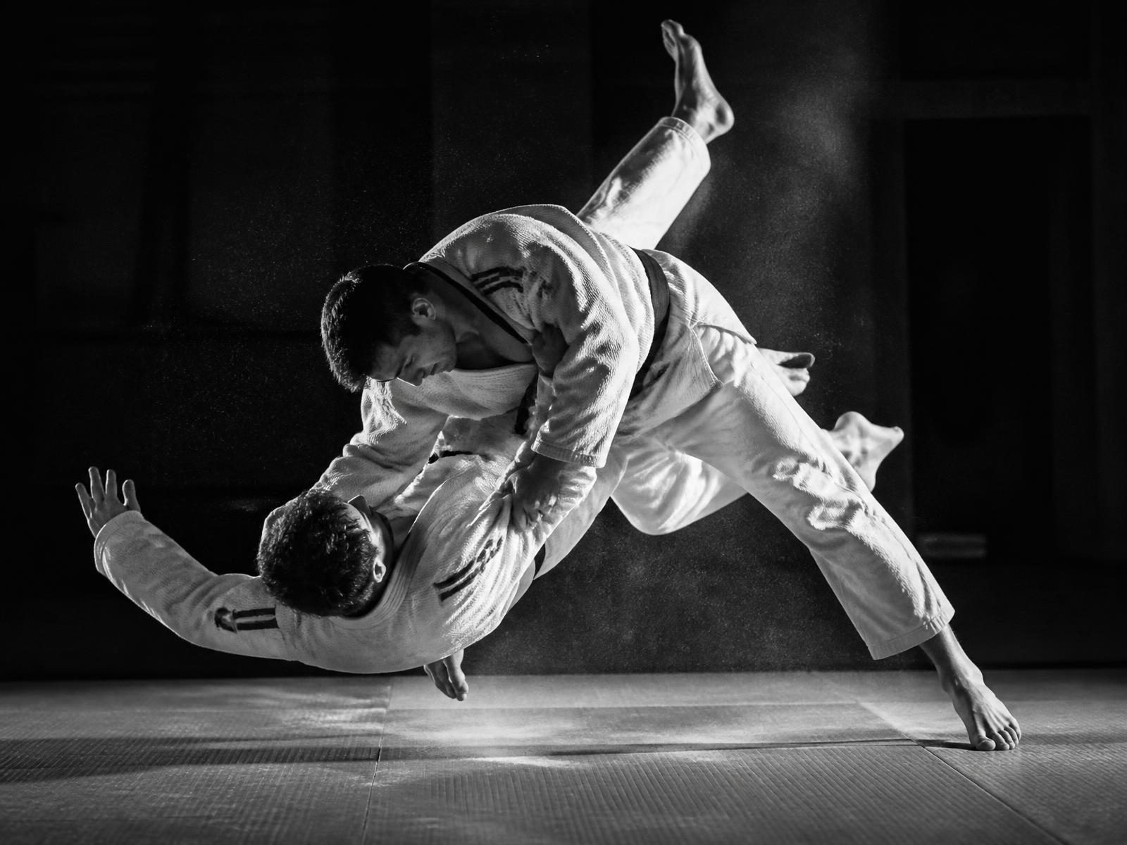 Two judoka executing a throw on the tatami